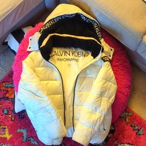 White Calvin Klein hooded puffy coat